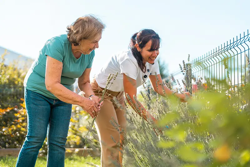 An older woman and her daughter garden as a way of staying active and engaged in retirement.